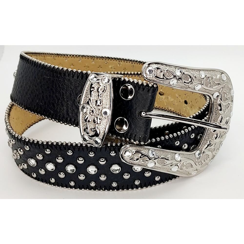 Italian Leather Embellished Western Belt Black Silver Rhinestone Cowgirl Boho